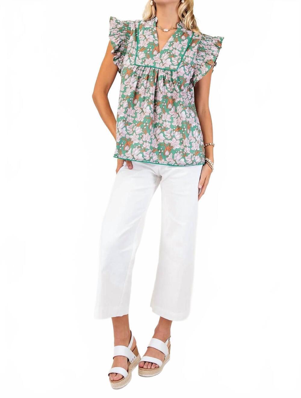 NEW GIGIO kelly top with piping trim details - plus in green plus floral print